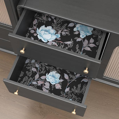 Black Blue Floral Peel and Stick Wallpaper Flowers Contact Paper 17.5"x118" Self Adhesive Waterproof Vintage Dark Floral Wall Paper for Shelf Liner Cabinet Decor
