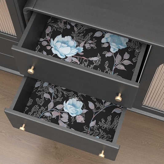 Black Blue Floral Peel and Stick Wallpaper Flowers Contact Paper 17.5"x118" Self Adhesive Waterproof Vintage Dark Floral Wall Paper for Shelf Liner Cabinet Decor