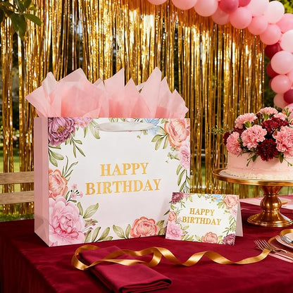 ASYEHJNR 13" Large Size Happy Birthday Gift Bag Metallic Gold Happy Birthday Sign with Floral Peony Flower Pattern Retro Gift Bag with Greeting Card and Tissue Paper and Handle for Girls Women Bday