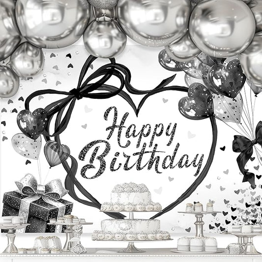 Coquette Happy Birthday Backdrop 7Wx5H Photography black Bow Heart Balloons Modern Preppy Diamonds Sweet Princess Background for Girls Teens Party Decorations Banner Photo Booth Props Supplies