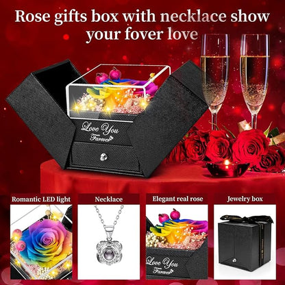 Preserved Color Real Rose with Heart I Love You Necklace -Eternal Flowers Rose Birthday Gifts for Women Her Mom Wife Girlfriend Grandma on Valentines Mothers Day Christmas Anniversary Romantic- Color