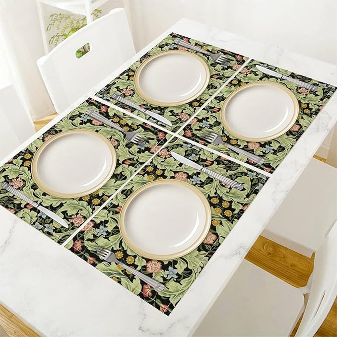 William Morris Placemats Rural Farmhouse Vintage Floral Art Printed Dining Table Mats Set of 4 for Home Kitchen Holiday Picnic Party Decor 12x18in