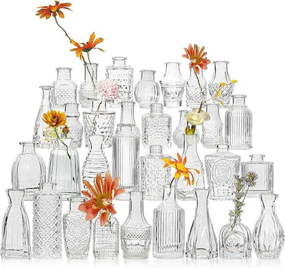 Glass Bud Vase Set of 32 Pcs, Small Glass Vases for Flowers, Clear Bud Vases in Bulk, Vintage Vases for Wedding Centerpieces, Wedding Decorations, Home Table Flower Decor