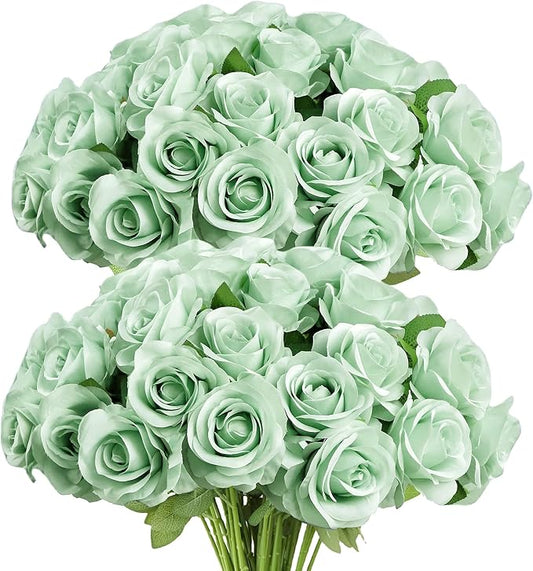 Artificial Rose Flower Artificial Flowers Flower with Long Stem Silk Roses Bouquet for Wedding Bridal Shower Party Home Decoration (Sage Green, 30 Pcs)