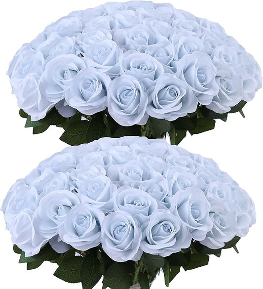 30pcs Light Blue Roses Artificial Flowers Real Touch Fake Flowers with Long Stems Silk Flowers for Wedding Bouquet Centerpices Decorations Party Bridal Baby Shower Home Decor