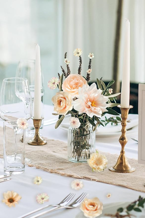 Artificial Flower Heads Combo - Champagne Silk Dahlia & Roses Fake Flowers for Wedding, Party, Graduation Cap DIY, Cake Decoration, Table Centerpieces, Home Decor