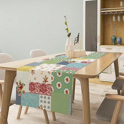 Patchwork Boho Table Runner,Vintage Colorful Floral Plaid Polka Dot Print Tablecloth Burlap for Hotel Indoors Outdoor Dining Room Kitchen Home Decor,W13X L80 in