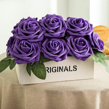 25pcs Artificial Flower Foam Rose Real Touch Roses Flower Heads with Stem for DIY Wedding Bouquets Centerpieces Arrangements Party Baby Shower Home Decor (Deep Purple)