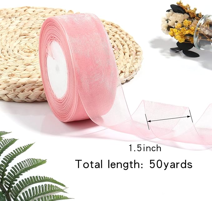 1.5 inch Sheer Organza Ribbon Rose Gold Chiffon Ribbon for Gift Wrapping Christmas Halloween Decoration Wedding Bouquet Crafts 50 Yards