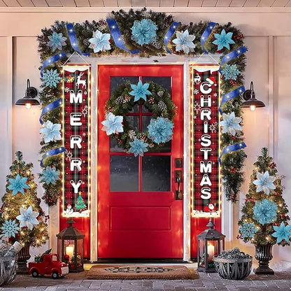 72Pcs Poinsettia Christmas Flowers with Ribbon - 9 Styles Glitter Artificial Poinsettia Christmas Ornaments for Wreath, Garland, Holiday Decor (Blue)