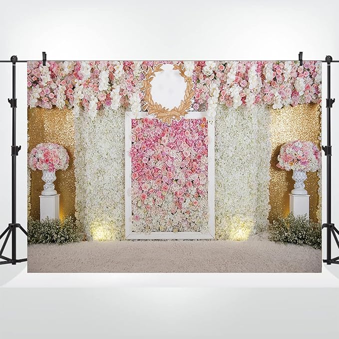 5x3ft Pink Flower Wall Photography Backdrop Proposal Ceremony Wedding Floral Photography Background Women Girl Birthday Party Bridal Shower Decor Banner Photo Booth Props