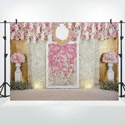 5x3ft Pink Flower Wall Photography Backdrop Proposal Ceremony Wedding Floral Photography Background Women Girl Birthday Party Bridal Shower Decor Banner Photo Booth Props