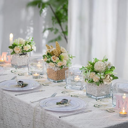 Square Glass Vases Set of 6 – Hewory 5"x5" Clear Cube Flower Vase Candle Holders for Wedding Centerpieces Home Decor Events Party Ceremony (Not Include Flower and Candle)