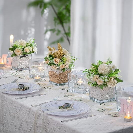 Square Glass Vases Set of 6 – Hewory 5"x5" Clear Cube Flower Vase Candle Holders for Wedding Centerpieces Home Decor Events Party Ceremony (Not Include Flower and Candle)