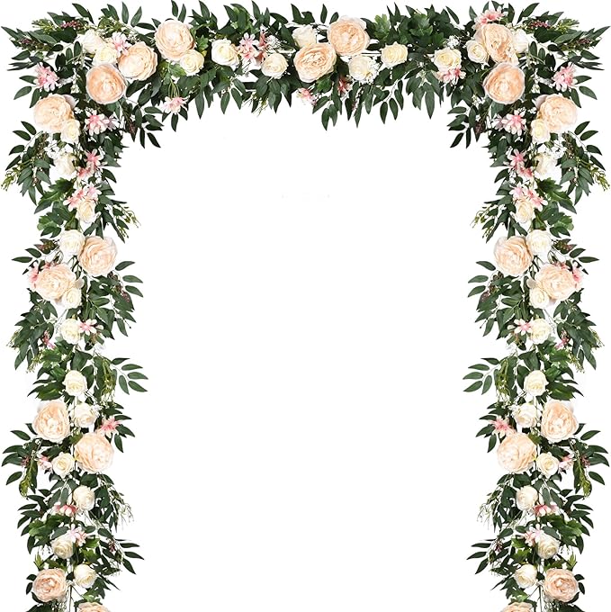 Lvydec 2 Pack Artificial Peony Flower Garland - 6ft Silk Peony Vine Willow Leaves Garland Champagne Arch Flower Vine for Wedding Party Table Decoration (Champagne)