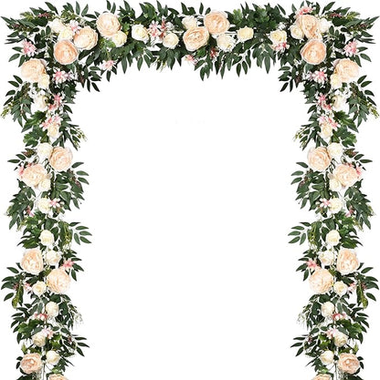 Lvydec 2 Pack Artificial Peony Flower Garland - 6ft Silk Peony Vine Willow Leaves Garland Champagne Arch Flower Vine for Wedding Party Table Decoration (Champagne)