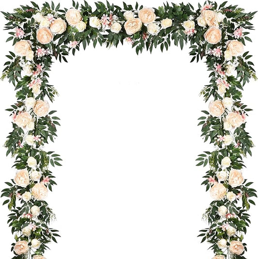 Lvydec 2 Pack Artificial Peony Flower Garland - 6ft Silk Peony Vine Willow Leaves Garland Champagne Arch Flower Vine for Wedding Party Table Decoration (Champagne)