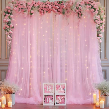 20x10ft Baby Pink Tulle Backdrop Curtain with Lights String for Parites, Sheer Backdrop Curtains for Wedding Baby Shower Birthday Party Photo Shoot Decorations