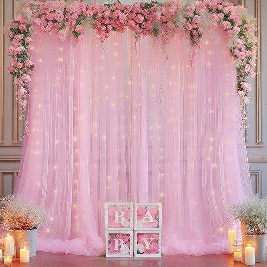 20x10ft Baby Pink Tulle Backdrop Curtain with Lights String for Parites, Sheer Backdrop Curtains for Wedding Baby Shower Birthday Party Photo Shoot Decorations