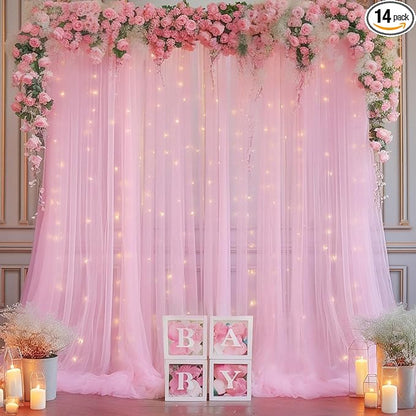 10×10ft Pink Tulle Backdrop Curtain with Lights String for Parties, Sheer Photo Curtain Backdrop Drapes for Wedding Party Photography Backgrounds