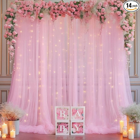 10×10ft Pink Tulle Backdrop Curtain with Lights String for Parties, Sheer Photo Curtain Backdrop Drapes for Wedding Party Photography Backgrounds