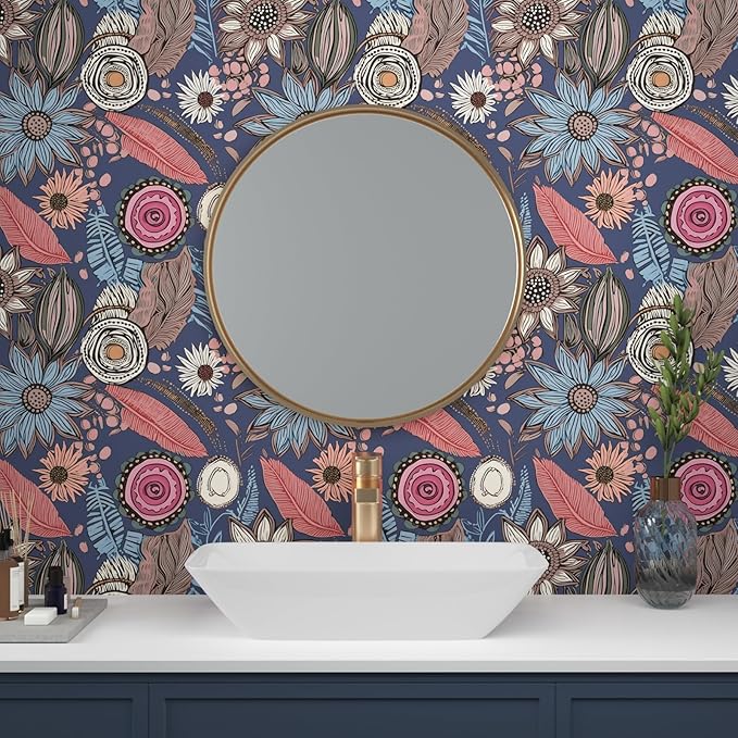 Blue Pink Wallpaper Peel and Stick,Vintage Boho Floral Contact Paper 17.5" x 393", Retro Antique Botanical Flowers Wall Paper Self Adhesive Removable Waterproof for Bathroom Shelves Cabinet Table