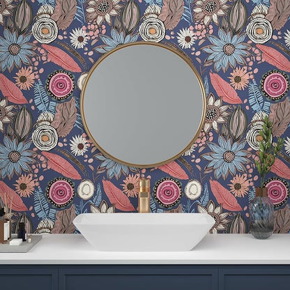 Blue Pink Wallpaper Peel and Stick,Vintage Boho Floral Contact Paper 17.5" x 393", Retro Antique Botanical Flowers Wall Paper Self Adhesive Removable Waterproof for Bathroom Shelves Cabinet Table