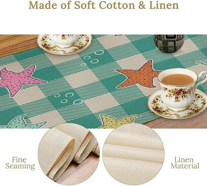 Starfish Plaid Table Flag Green Plaid and Marine Life Starfish Kitchen Table Flag Suitable for Birthday Party Restaurant Decoration Outdoor Picnic 13 * 108 Inch