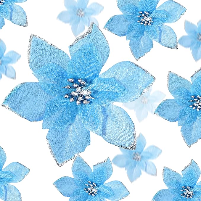 WILLBOND 24 Pcs 3 Size Poinsettia Flower Artificial Christmas Decor Glitter Poinsettia Christmas Ornaments Faux Flowers for Xmas Tree Outdoor(3.2/4/6 Inches,Lake Blue)