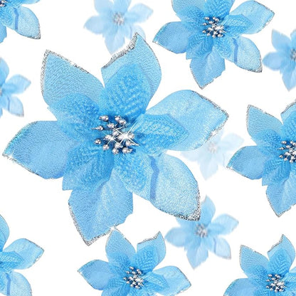 WILLBOND 24 Pcs 3 Size Poinsettia Flower Artificial Christmas Decor Glitter Poinsettia Christmas Ornaments Faux Flowers for Xmas Tree Outdoor(3.2/4/6 Inches,Lake Blue)