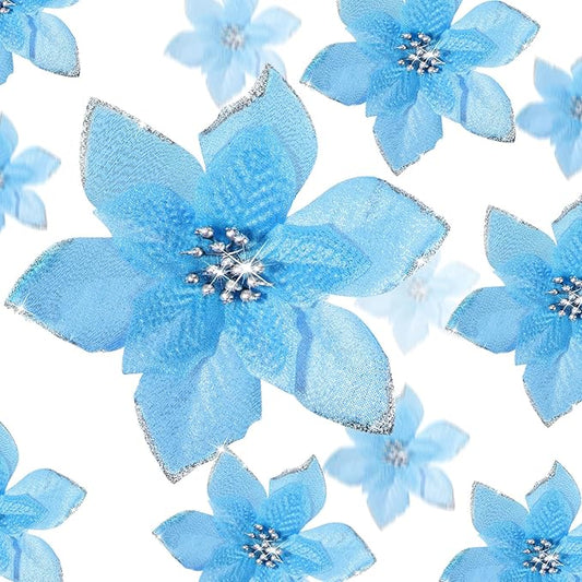 WILLBOND 24 Pcs 3 Size Poinsettia Flower Artificial Christmas Decor Glitter Poinsettia Christmas Ornaments Faux Flowers for Xmas Tree Outdoor(3.2/4/6 Inches,Lake Blue)