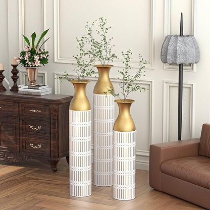 Floor Vases, Tall Home Decor Metal Vase Set of 3 Large Glazed Decorative Vases for Wedding Decor, Elegant Modern Flower Holder for Living Room, Entryway, Hallway, Dining Room