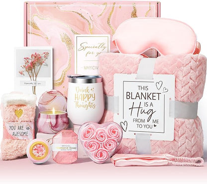 Birthday Gifts for Women Self Care Gifts Get Well Soon Gifts, Rose Relaxing Spa Gifts Basket Care Package w/ Luxury Flannel Blanket, Unique Christmas Gifts for Mom Her Friend Sister Wife Grandma