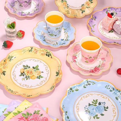 96 Piece Floral Paper Tea Cups and Saucers 9 Oz Teacup with Handle 9 Inch and 7 Inch Paper Plate Napkin Disposable Tea Party Supplies Serve 24 for Wedding Birthday, Pink, Blue, Yellow, Purple