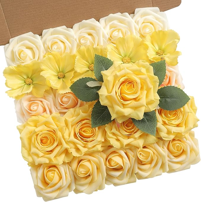 YYHUAWU Artificial Flowers Combo Box Set Gradient Yellow Flower Leaf with Stems for DIY Wedding Bouquets Centerpieces Baby Shower Party Home Decorations