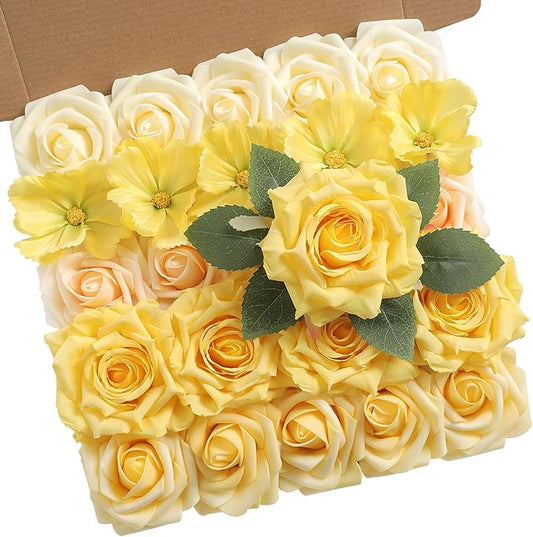 YYHUAWU Artificial Flowers Combo Box Set Gradient Yellow Flower Leaf with Stems for DIY Wedding Bouquets Centerpieces Baby Shower Party Home Decorations