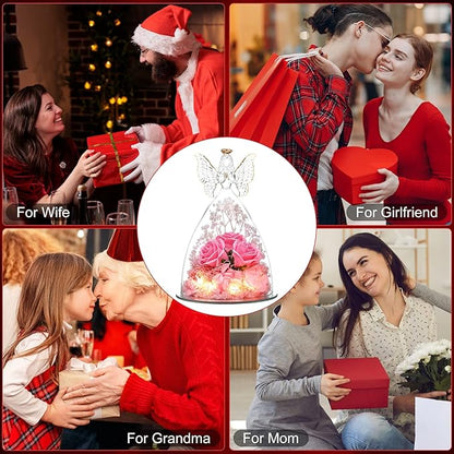 Mothers Day Mom Gifts for Women Preserved Flowers in Glass Angel Forever Flowers Gifts Eternal Roses Gifts for Grandma - Pink