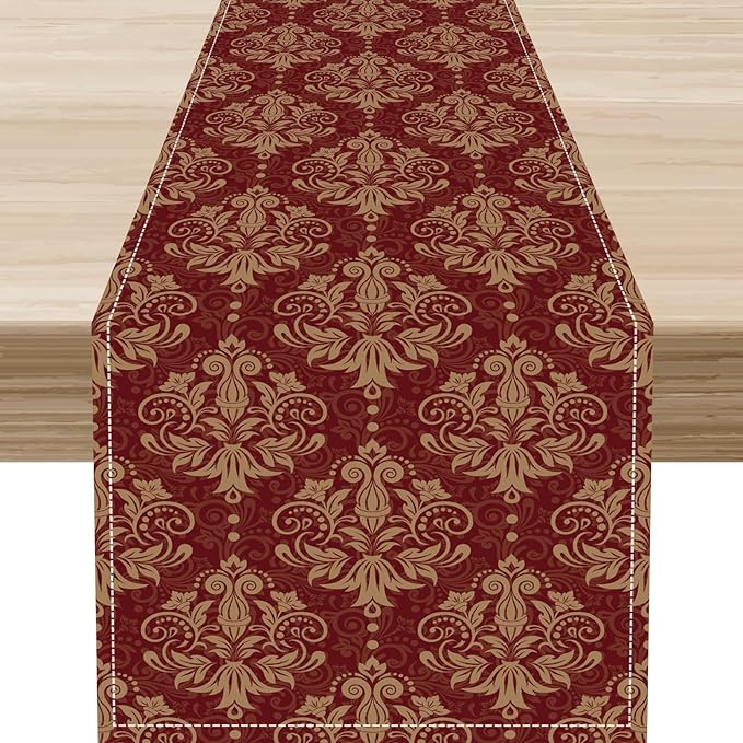 Red Damask Table Runner, Rustic Antique Victorian Style Coffee Table Center Decor for Home Kitchen Dining Patio Holiday Party Indoor Outdoor Table Decorations 13x36 inch