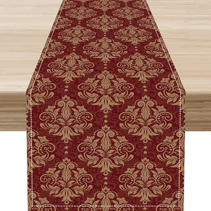 Red Damask Table Runner, Rustic Antique Victorian Style Coffee Table Center Decor for Home Kitchen Dining Patio Holiday Party Indoor Outdoor Table Decorations 13x36 inch