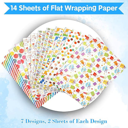 Tidponra Birthday Wrapping Paper Sheets Set, 14 Sheets Folded Flat Gift Wrapping Paper with Ribbon, Bows and Tape for Party, 19.7 in. X 27.5 in. Per Sheet