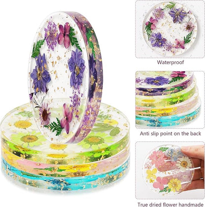 Flower Coasters, Tumwisk 4Pcs Dried Flower Drink Coasters, Women Coffee Table Dining Table Desk Aesthetic Coaster Set Natural Floral Coaster Home Decoration Housewarming Present