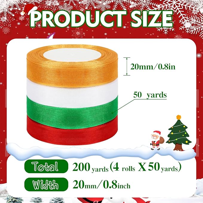 DECYOOL 4 Rolls 200 Yards Christmas Ribbons for Gift Wrapping, 4/5" Wide Christmas Organza Ribbon Xmas Holiday Chiffon Ribbons for Wreaths Festival Decoration and DIY Crafts (Red, Green, White, Gold)