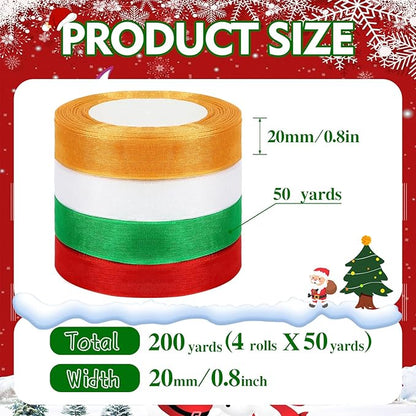 DECYOOL 4 Rolls 200 Yards Christmas Ribbons for Gift Wrapping, 4/5" Wide Christmas Organza Ribbon Xmas Holiday Chiffon Ribbons for Wreaths Festival Decoration and DIY Crafts (Red, Green, White, Gold)