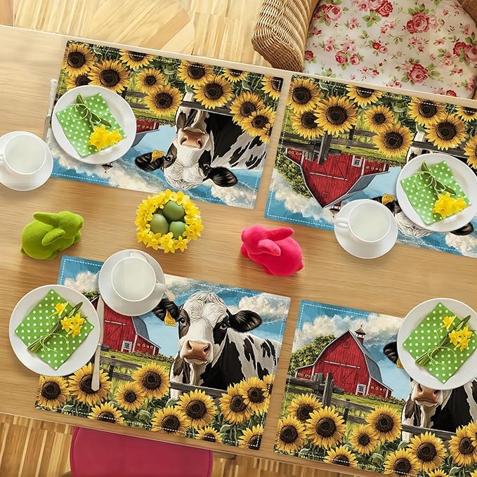 Farmhouse Sunflowers Cow Placemats Set of 6, Country Barn Place Mats, Rustic Flowers Cow Dining Table Mats, Washable Placemats for Kitchen Dining Room Home Decor 18L'' × 12W''