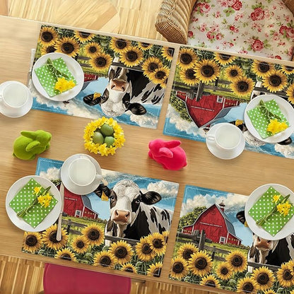 Farmhouse Sunflowers Cow Placemats Set of 6, Country Barn Place Mats, Rustic Flowers Cow Dining Table Mats, Washable Placemats for Kitchen Dining Room Home Decor 18L'' × 12W''
