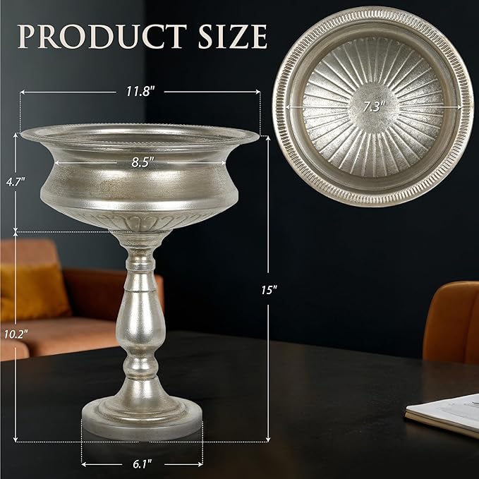 WORTH 15" H. Tall Silver Color Urn Vase for Centerpieces, 11.8" Dia. Classic Metal Trumpet Small Flower Pots for Table, Bowl Vase for Wedding Party Event Home Decor