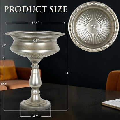 WORTH 15" H. Tall Silver Color Urn Vase for Centerpieces, 11.8" Dia. Classic Metal Trumpet Small Flower Pots for Table, Bowl Vase for Wedding Party Event Home Decor