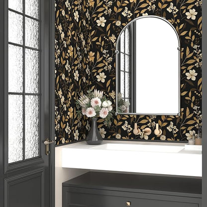 Black Floral Wallpaper Peel and Stick Gold Leaf Contact Paper 17.4" x 118" Boho Wallpaper Waterproof Self Adhesive Wall Covering for Bedroom Countertop Desk Cabinets Decor