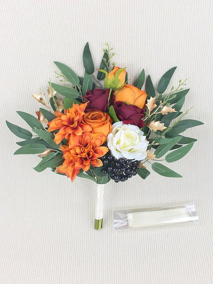 Rinlong Fall Wedding Bouquets for Bridesmaids Burnt Orange Bridesmaid Artificial Flowers Terracotta Bouquet Wedding Prom Homecoming