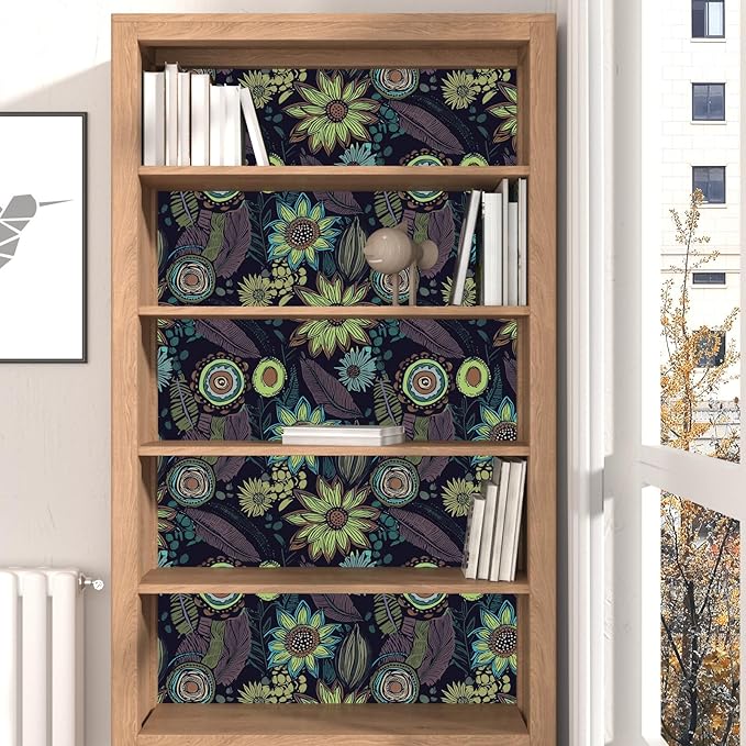 Vintage Boho Wallpaper Peel and Stick, Gothic Floral Contact Paper, Retro Flowers Bohemia Wall Paper Self Adhesive Removable Waterproof for Walls Shelves Cabinet Table 17.5" x 118"(Dark Purple, Green)